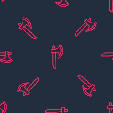 Kırmızı çizgi tahta balta simgesi siyah arkaplanda izole edilmiş. Oduncu baltası. Vektör.