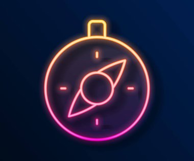 Parlayan neon hattı pusula simgesi siyah arkaplanda izole edildi. Rüzgâr yön bulma sembolü. Rüzgar gül işareti. Vektör.