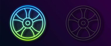 Siyah arkaplanda izole edilmiş araba simgesi için parlayan neon hat alloy tekerleği. Vektör.