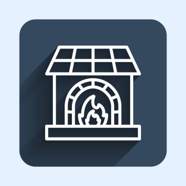 Beyaz çizgi Demirci fırın ikonu uzun gölge arkaplan izole. Mavi kare düğme. Vektör.