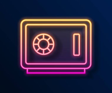 Parlayan neon hattı siyah arkaplanda güvenli simge. Kapı, şifreli bir banka kasası. Güvenilir Veri Koruma. Vektör.