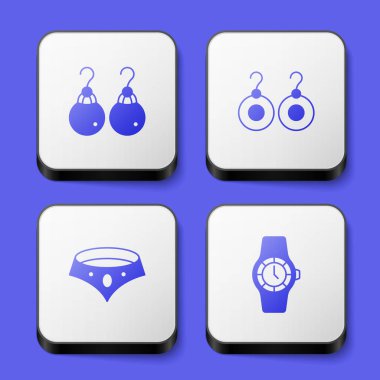 Küpeleri, kolyeyi ve kol saati simgesini ayarla. Beyaz kare düğme. Vektör.