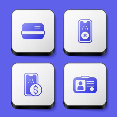 Kredi kartı taksisi mobil uygulama mobil bankacılık ve sürücü ehliyeti simgesini ayarla. Beyaz kare düğme. Vektör.