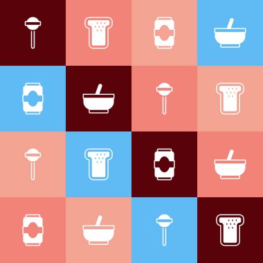 Pop Art Lolipop Ekmek Soda Kutusu ve Havan topu ve tokmak ikonunu hazırla. Vektör.