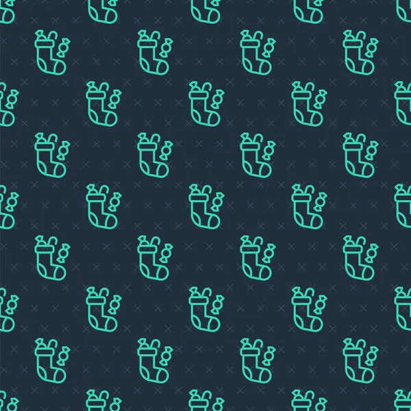 Yeşil çizgi Noel çorap ikonu mavi arka planda izole edilmiş pürüzsüz desen. Mutlu Noeller ve mutlu yıllar. Vektör.