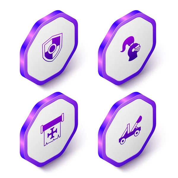 Set Isometric Shield Medieval Helmet Crusade Catapult Icon Purple Hexagon — Stock Vector