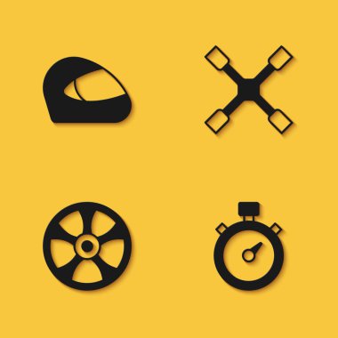 Yarış kaskı Stopwatch Alloy tekerleğini araba ve uzun gölgeli ingiliz anahtarı simgesi olarak ayarla. Vektör.