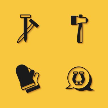 Metalik çivi at nalı koruyucu eldivenler ve uzun gölgeli çekiç simgesi. Vektör.