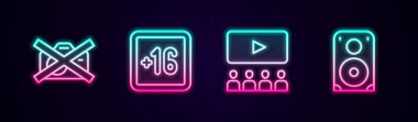 Satır Yasağı. Video kaydı yok. Ayrıca ekranlı 16 sinema salonu ve Stereo hoparlörü var. Parlayan neon ikonu. Vektör.