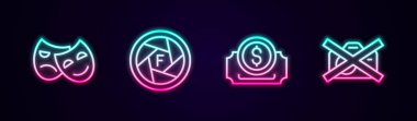 Komedi ve trajedi maskeleri ayarlayın. Kamera, sinema bileti ve içki yasağı. Video kaydı yok. Parlayan neon ikonu. Vektör.