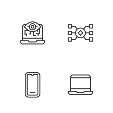 Laptop Mobil telefon görüşü ve sinirsel ağ simgesini ayarla. Vektör.
