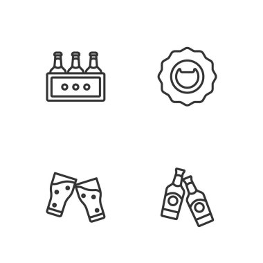 Bira şişesi, bira paketi şişeleri ve şişe açacağı ikonu. Vektör.