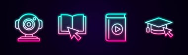 Web kamera çevrimiçi kitap Ses ve Mezuniyet başlığını imleçle ayarla. Parlayan neon ikonu. Vektör.