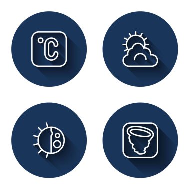 Celsius Sun 'ı, hava durumunu, gece döngüsünü ve uzun gölgeli Kasırga' yı ayarlayın. Mavi daire düğmesi. Vektör.