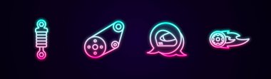 Şok emici, kemer setini yarış kaskını ve tekerlek alevini ayarla. Parlayan neon ikonu. Vektör.