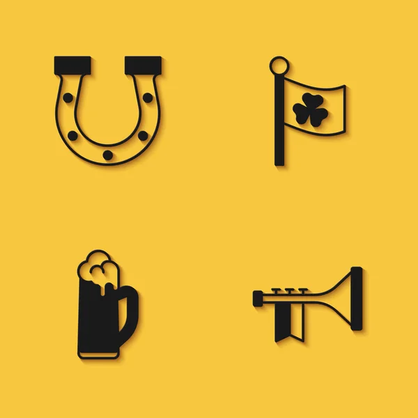 Set Trompeta Herradura Copa Cerveza Bandera Irlanda Con Icono Trébol — Vector de stock