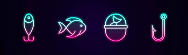 Balık Yemi Kovasını Balık Kancayla Ayarla Parlayan Neon Ikonu Vektör — Stok Vektör