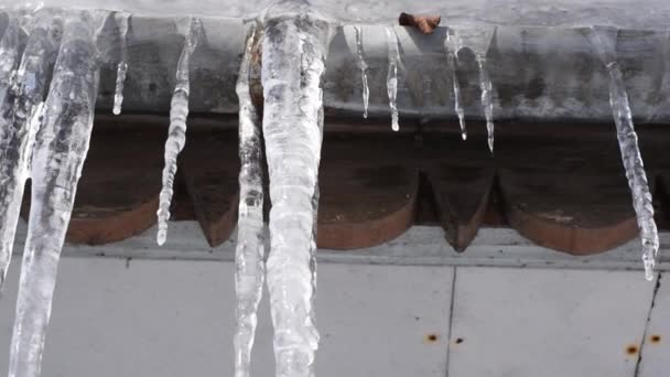 In de winter hangen er ijspegels aan het dak.. — Stockvideo