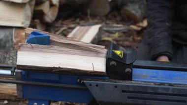 Hidrolik ahşap parçalayıcı pelin otunu ayırır. Yakacak odun üretimi. Kış için hazırlık.