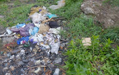 Eller ormanın arka planında bir maske tutuyor. Bir gönüllü ormanda çöp topluyor. Dünya Günü.