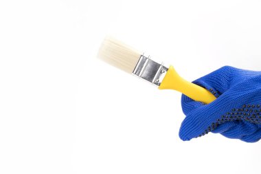 Mavi eldivenli bir el fırçayı sıkar. Beyaz arkaplanda temiz fırça