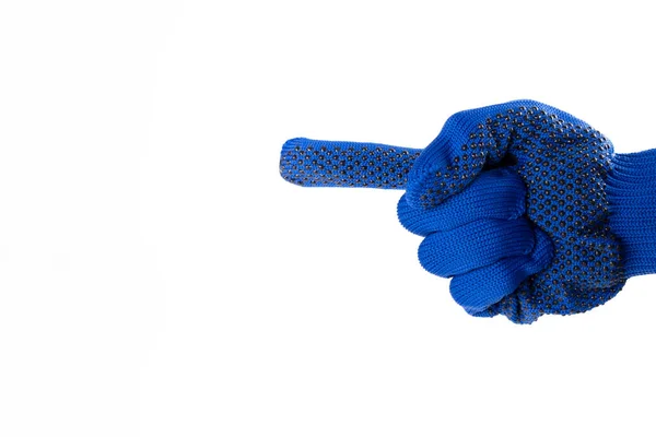 青い手袋の手は側面を指す 手はジェスチャーを示しています 手が指を指す 建設用手袋の手 — ストック写真
