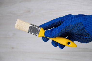 Elinde küçük temiz bir boya fırçası var. Tamir için aletler. Duvarları boya, ahşabı boya. Bir resim çiz