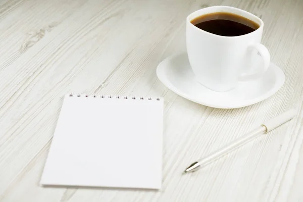 Cup Coffee Notebook White Pen Wooden Table Office Work Stock Image
