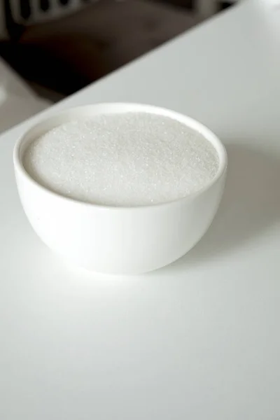 Granules White Sugar Bowl White Table — Zdjęcie stockowe