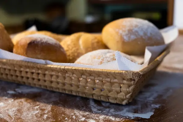 Various Buns Basket Table — Zdjęcie stockowe