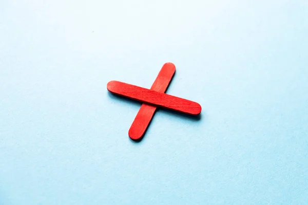 Red Cross Blue Background Prohibition Sign Cross Made Wooden Sticks — Stock Fotó