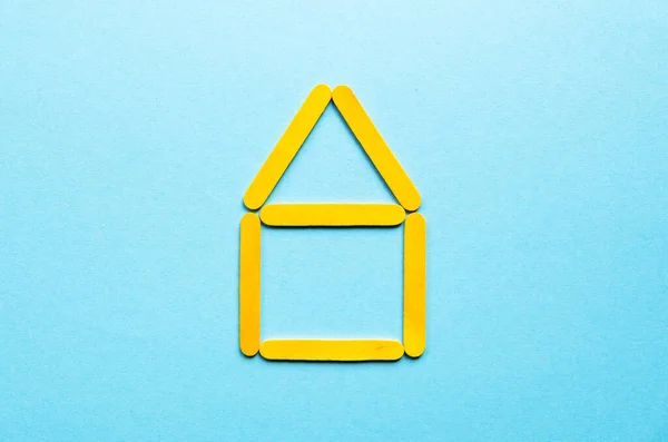 House Made Wooden Yellow Sticks Blue Background Construction Houses 스톡 사진