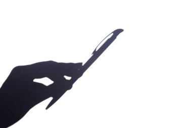 shadow hand holding a pen on a white background, free space, space for text