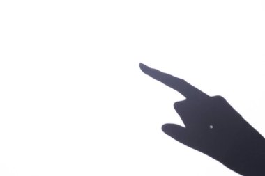 a hand on a white background points a finger at an empty space, space for text