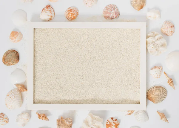 Frame filled with sand and decorated with seashells on the side on white background. Minimal summer concept. Creative flat lay frame design with copy space.