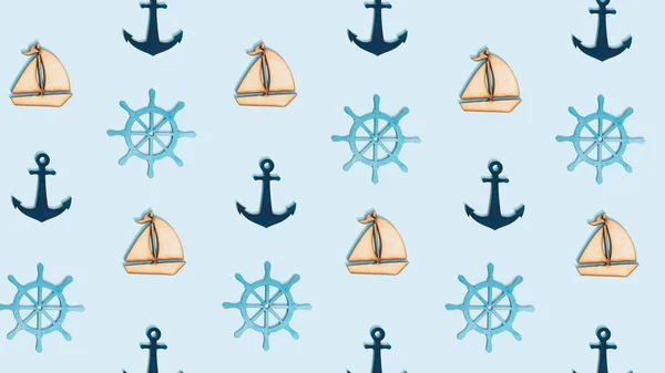Seamless pattern made of anchor, boat and rudder on bright blue background. Minimal summer season concept. Tropical vacation flat lay wallpaper idea.