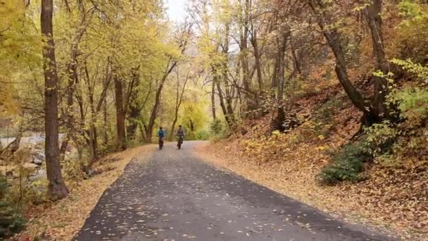 Couple Riding Mountain Bikes Path Forest Fall Utah Mountains — Stock Video