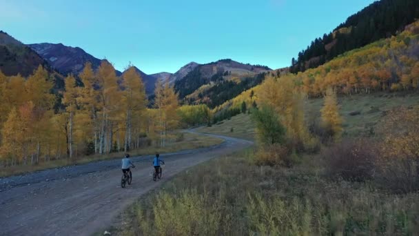 Flygfoto Efter Par Ridning Mountainbikes Genom Vildmarken Höst Skymningen — Stockvideo