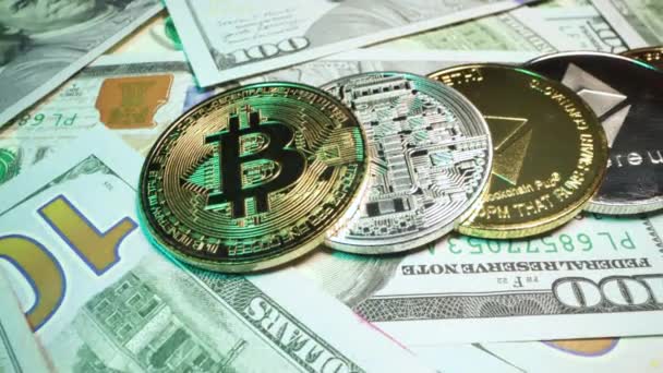 Detailní Pohled Různé Cryptocurrency Mince Seřazeny 100 Dolarů Bankovky Jak — Stock video