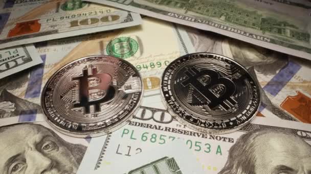 Pessoa Colocando Dogecoin Prata Bitcoins Empilhados Notas 100 Dólares Macro — Vídeo de Stock