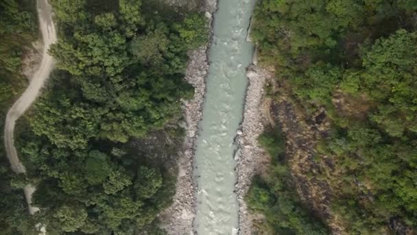 Aerial View Looking Marsyangdi River Dirt Road Winding Side — Stock videók