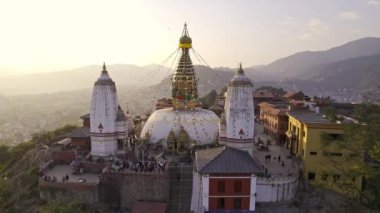 Swayambhunath Stupa in Kathmandu Nepal flying in closer to the religious complex.