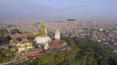 Flying over Swayambhunath Stupa as Black Kites fly around the building looking towards the city of Kathmandu.