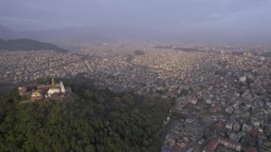 Wide aerial view of Kathmandu Nepal flying over the city.