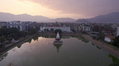 Rani Pokhari during sunset in Kathmandu Nepal from aerial view over the pond.