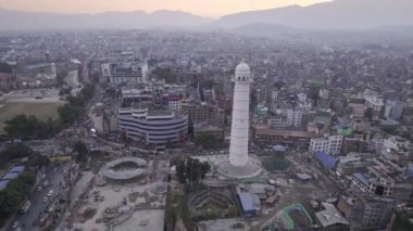 Aerial view in Kathmandu with the Dharahara Tower in view at dusk in Nepal.