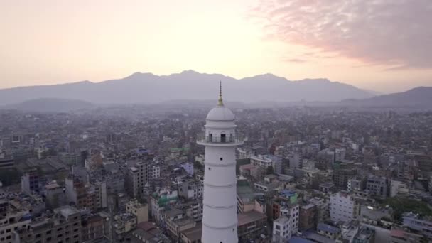 Sunset Aerial View Flying Dharahara Tower Looking Kathmandu Nepal — Stockvideo