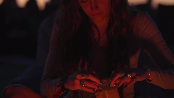 Young Woman Opening Graham Crackers While Other Roast Marshmallows Small — Stock Video