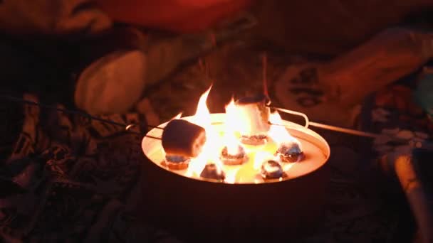 Marshmallows Roasting Small Fire Pit Heat Them Flames — Stock Video