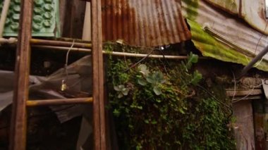 Rio De Janeiro, Brezilya - Haziran 23, 2013: Kameraman aşağı iner gibi bir favela içinde çekilen yavaş çekim. Merdivenlerden yukarı koşan bir adam görülüyor..